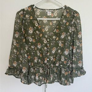 Green Floral Ruffle Blouse